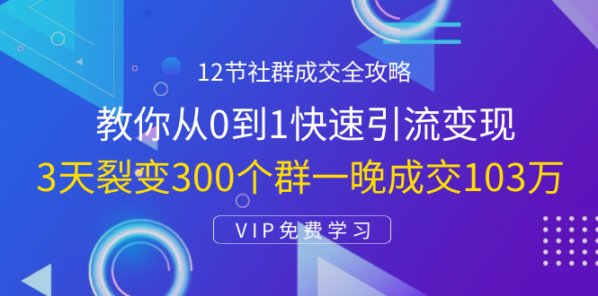 12节社群成交全攻略：从0到1快速引流变现，3天裂变300个群一晚成交103万-网赚项目众筹网