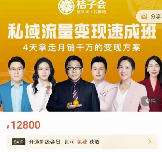 桔子会·私域流量变现速成班，4天拿走月销千万的变现方案 价值12800元-网赚项目众筹网
