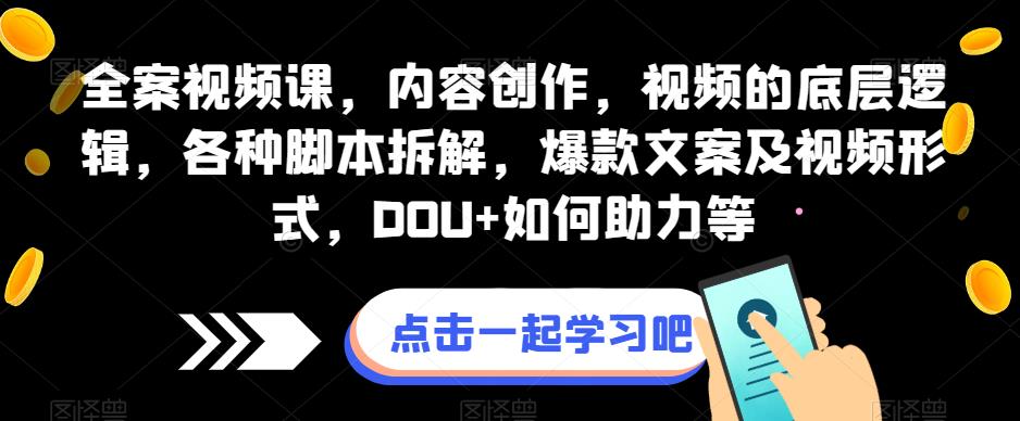全案视频课，内容创作，视频的底层逻辑，各种脚本拆解，爆款文案及视频形式，DOU+如何助力等-网赚项目众筹网