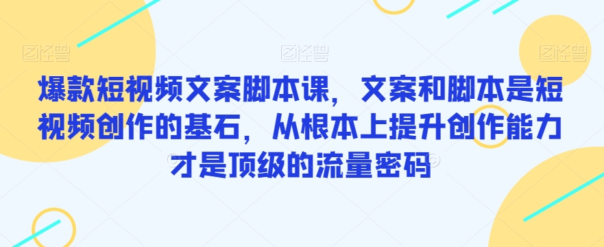 爆款短视频文案脚本课，文案和脚本是短视频创作的基石，从根本上提升创作能力才是顶级的流量密码-网赚项目众筹网
