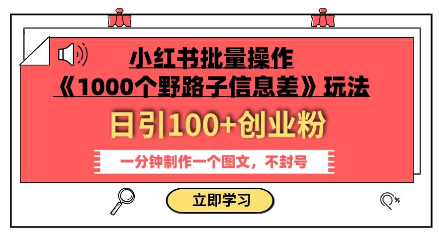 小红书批量操作《1000个野路子信息差》玩法，一分钟制作一个图文，不封号，日引100+创业粉-网赚项目众筹网