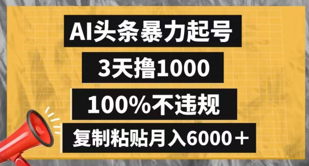 AI头条暴力起号，3天撸1000,100%不违规，复制粘贴月入6000＋【揭秘】-网赚项目众筹网