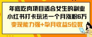 年底吃肉项目适合女生的副业小红书打卡玩法一个月涨粉6万+变现能力强+单月收益5位数【揭秘】-网赚项目众筹网