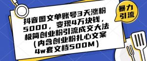 抖音图文单账号3天涨粉5000，变现4万块钱，极简创业粉引流成交大法-网赚项目众筹网