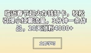 临近春节超火存钱打卡,轻松引爆小红薯流量,3分钟一条作品,20天涨粉4000+【揭秘】-网赚项目众筹网