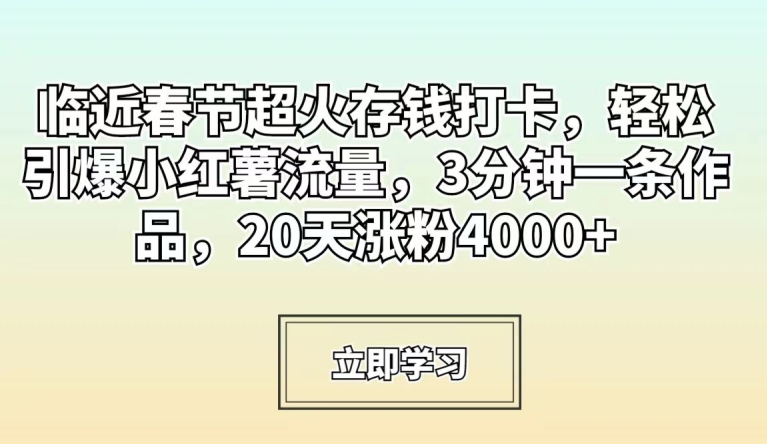 临近春节超火存钱打卡，轻松引爆小红薯流量，3分钟一条作品，20天涨粉4000+【揭秘】-网赚项目众筹网