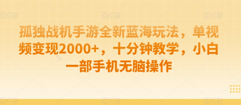 孤独战机手游全新蓝海玩法，单视频变现2000+，十分钟教学，小白一部手机无脑操作【揭秘】-网赚项目众筹网