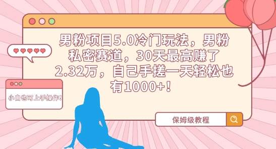 男粉项目5.0冷门玩法，男粉私密赛道，30天最高赚了2.32万，自己手搓一天轻松也有1000+【揭秘】-网赚项目众筹网