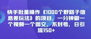 快手批量操作《1000个野路子信息差玩法》的项目，一分钟做一个视频一个图文，不封号，日引流150+【揭秘】-网赚项目众筹网