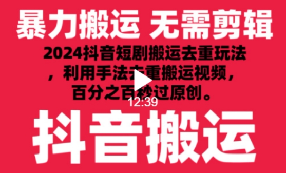2024最新抖音搬运技术，抖音短剧视频去重，手法搬运，利用工具去重，达到秒过原创的效果【揭秘】-网赚项目众筹网