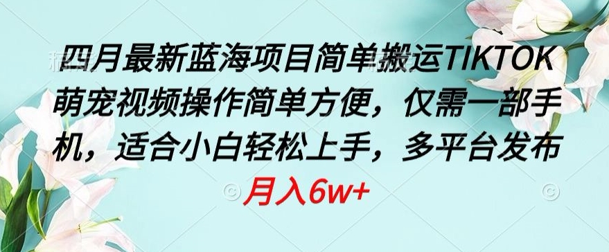 四月最新蓝海项目，简单搬运TIKTOK萌宠视频，操作简单方便，仅需一部手机【揭秘】-网赚项目众筹网