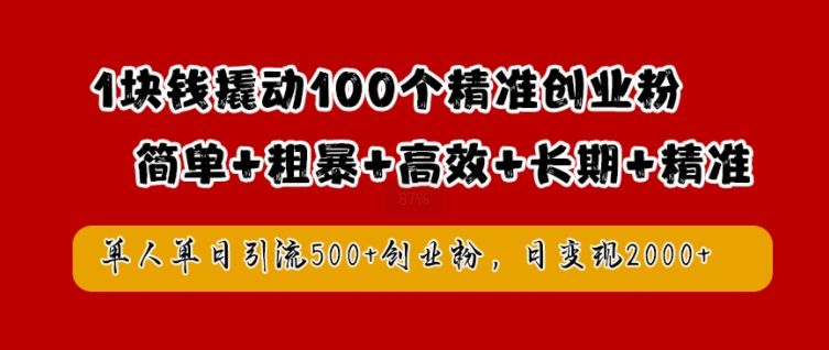 1块钱撬动100个精准创业粉，简单粗暴高效长期精准，单人单日引流500+创业粉，日变现2k【揭秘】-网赚项目众筹网