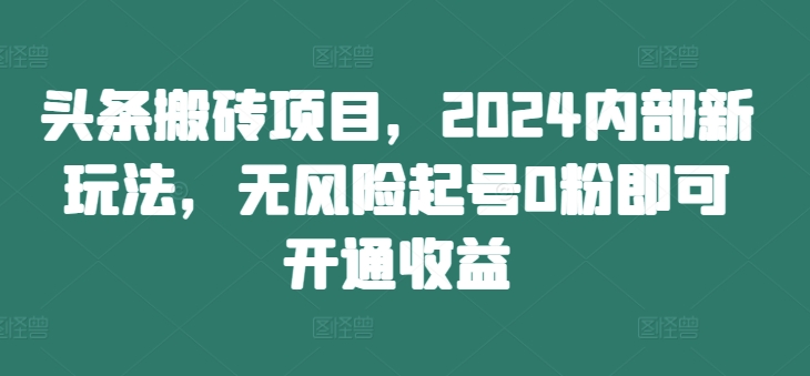 头条搬砖项目，2024内部新玩法，无风险起号0粉即可开通收益-网赚项目众筹网