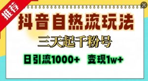 抖音自热流打法，三天起千粉号，单视频十万播放量，日引精准粉1000+-网赚项目众筹网