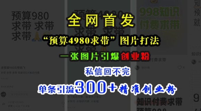 小红书“预算4980带我飞”图片打法，一张图片引爆创业粉，私信回不完，单条引流300+精准创业粉-网赚项目众筹网