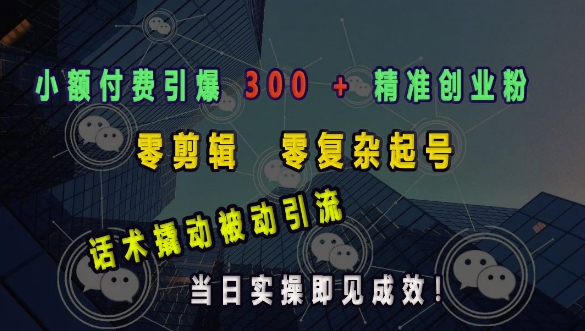 小额付费引爆 300 + 精准创业粉，零剪辑、零复杂起号，话术撬动被动引流，当日实操即见成效-网赚项目众筹网
