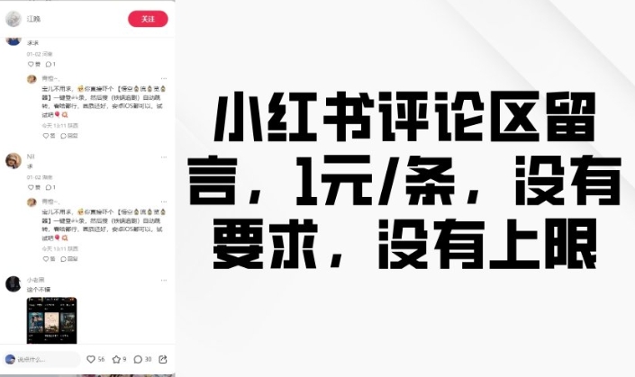 小红书评论区留言，1元条，没有要求，没有上限-网赚项目众筹网