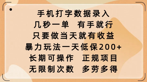 手机打字数据录入，几秒一单，有手就行，只要做当天就有收益，暴力玩法一天低保2张-网赚项目众筹网