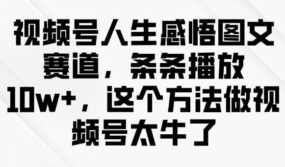 视频号人生感悟图文赛道，条条播放10w+，这个方法做视频号太牛了-网赚项目众筹网