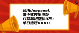 利用deepseek做中式养生视频，17篇笔记涨粉3万+，单日变现1k-网赚项目众筹网