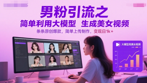 男粉引流之简单利用大模型生成美女视频，条条原创爆款，简单上传制作，变现日1k+-网赚项目众筹网