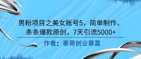 男粉项目之美女账号5，简单制作，条条爆款原创，7天引流5000+-网赚项目众筹网