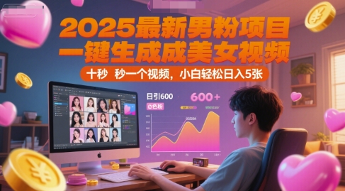 2025最新男粉项目，一键生成美女视频，日引600+色粉 十秒一个视频，小白轻松日入5张【揭秘】-网赚项目众筹网