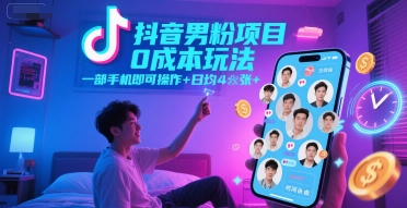 抖音男粉项目0成本玩法，一部手机即可操作，日均4张+，时间自由-网赚项目众筹网