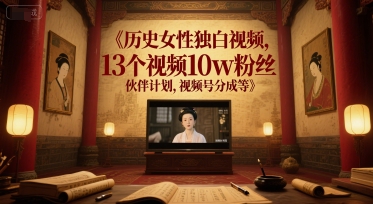 历史女性独白视频，13个视频10w粉丝，伙伴计划，视频号分成等-网赚项目众筹网