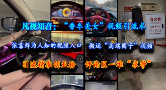 凡视知音：“香车美女”视频引流术，依靠鲜为人知的视频入口，搬运“高端圈子”视频，引流精准创业粉，评论区一堆“求带”-网赚项目众筹网