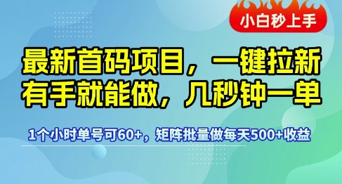 最新首码项目，一键拉新有手就能做，几秒钟一单，1个小时单号可60+，矩阵批量做每天5张【揭秘】-网赚项目众筹网
