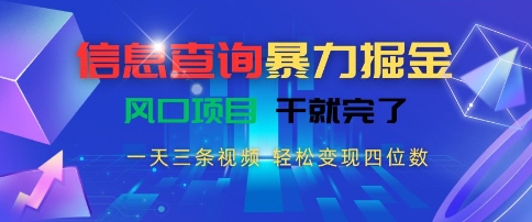 信息查询暴力掘金，一天三条视频，轻松变现四位数，风口项目干就完了【揭秘】-网赚项目众筹网