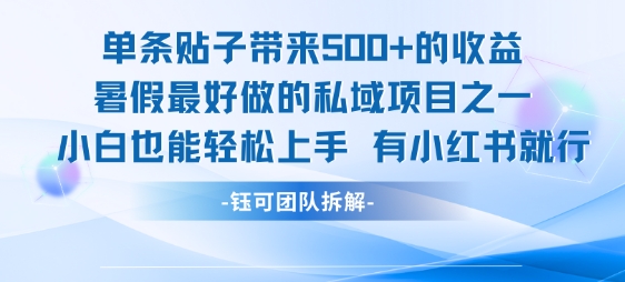 单条贴子带来5张的收益，暑假最好做的私域项目之一，小白也能轻松上手，有小红书就行-网赚项目众筹网