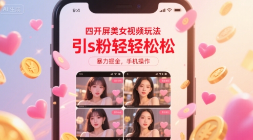 四开屏美女视频玩法，引s粉轻轻松松，暴力掘金，手机操作【揭秘】-网赚项目众筹网