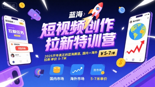 短视频创作拉新特训营，2025开年真正的蓝海赛道，国内+海外，拉新单价5-7米-网赚项目众筹网
