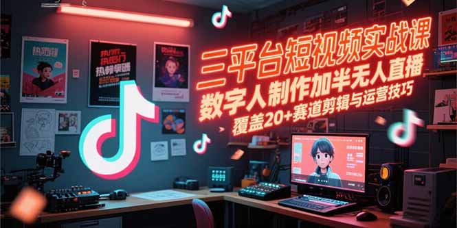 三平台短视频实战课，数字人制作加半无人直播，覆盖20+赛道剪辑与运营技巧-网赚项目众筹网