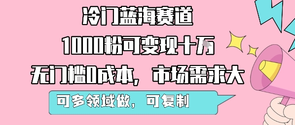 冷门蓝海赛道，1000粉可变现十W，无门槛0成本，市场需求大，可多领域做，可复制性强-网赚项目众筹网