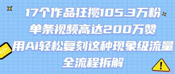 17个作品狂揽105.3W粉，单条视频高达200W赞，用Ai轻松复刻这种现象级流量!(全流程拆解)-网赚项目众筹网
