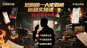 短剧榜一大佬霸榜秘籍实操课,短剧爆单秘籍-网赚项目众筹网