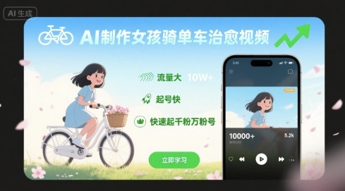 AI制作女孩骑单车治愈视频，流量大，起号快，快速起千粉万粉号-网赚项目众筹网