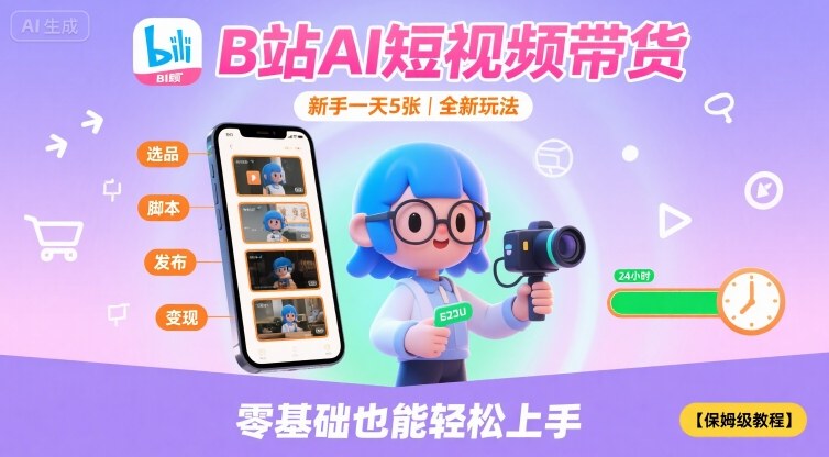 B站AI短视频带货，新手一天5张，全新玩法【保姆级教程】-网赚项目众筹网