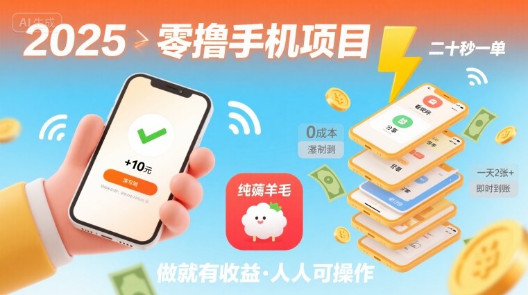 2025年零撸手机项目，二十秒一单，纯薅羊毛 一天2张+做就有【揭秘】-网赚项目众筹网