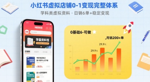 小红书虚拟店铺0-1变现完整体系：卖学科类虚拟资料，一天6张+，很稳定【已完结】-网赚项目众筹网