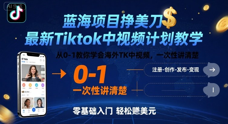 蓝海项目挣美刀，最新Tiktok中视频计划教学，从0-1教你学会海外TK中视频，一次性讲清楚-网赚项目众筹网