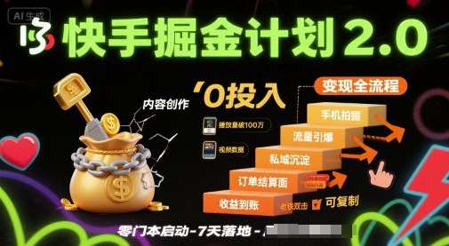 快手掘金计划2.0，快手电商变现全流程，简单可复制，0投入-网赚项目众筹网