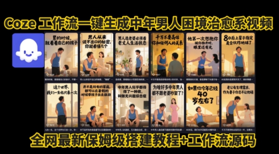 coze工作流一键生成”中年男人困境扎心高涨粉高播放量图文视频”保姆级拆解教程，无需剪辑，无需拍摄写文案-网赚项目众筹网