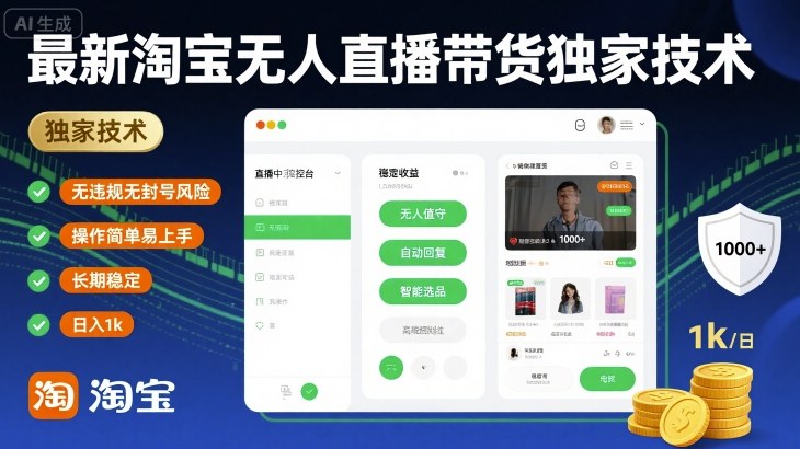 最新淘宝无人直播带货独家技术，无违规无封号风险，操作简单易上手，长期稳定日入1k【揭秘】-网赚项目众筹网