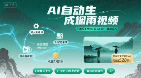 不用拍不用剪！AI自动生成烟雨视频，日入5张+，睡后收入-网赚项目众筹网