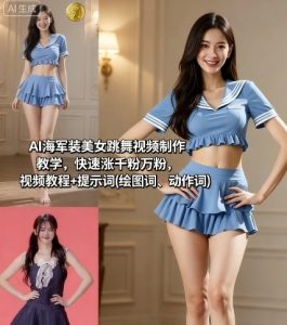 AI海军装美女跳舞视频制作教学，快速涨千粉万粉，视频教程+提示词(绘图词、动作词)-网赚项目众筹网