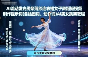 AI流动发光线条薄纱连衣裙女子舞蹈短视频制作提示词(含绘图词、动作词)AI美女跳舞教程-网赚项目众筹网